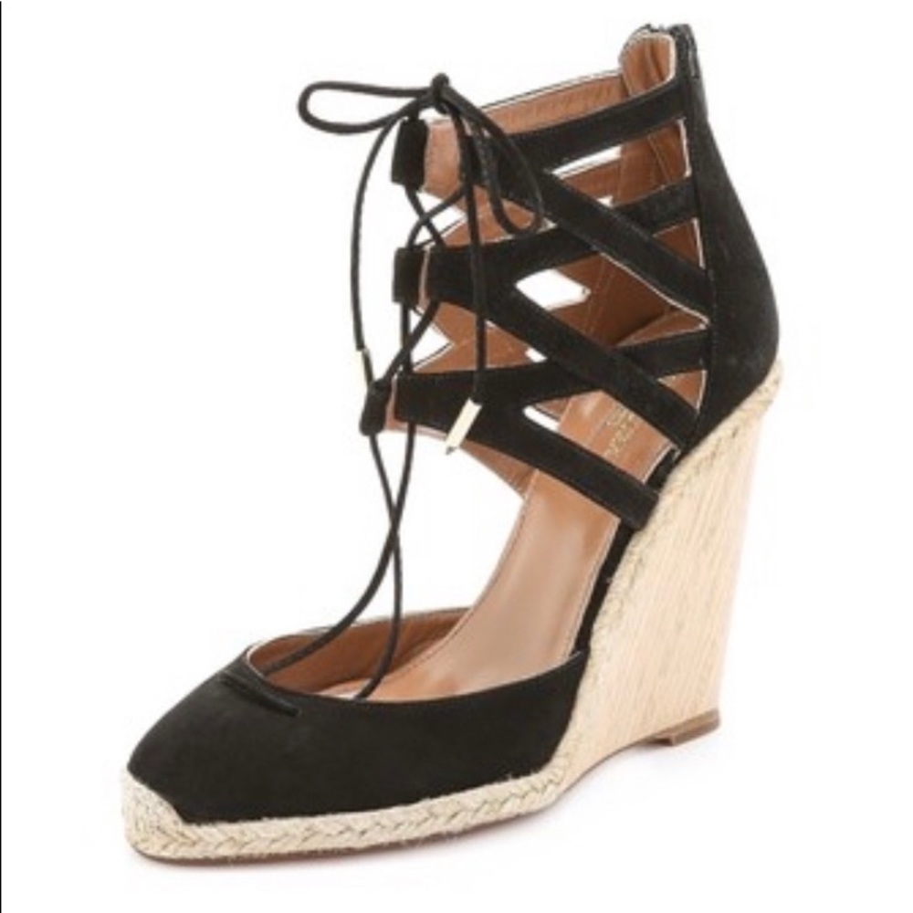 Aquazzura Belgravia Wedge Sandals 40 (US 10) | Black Lace-Up Espadrille Heels